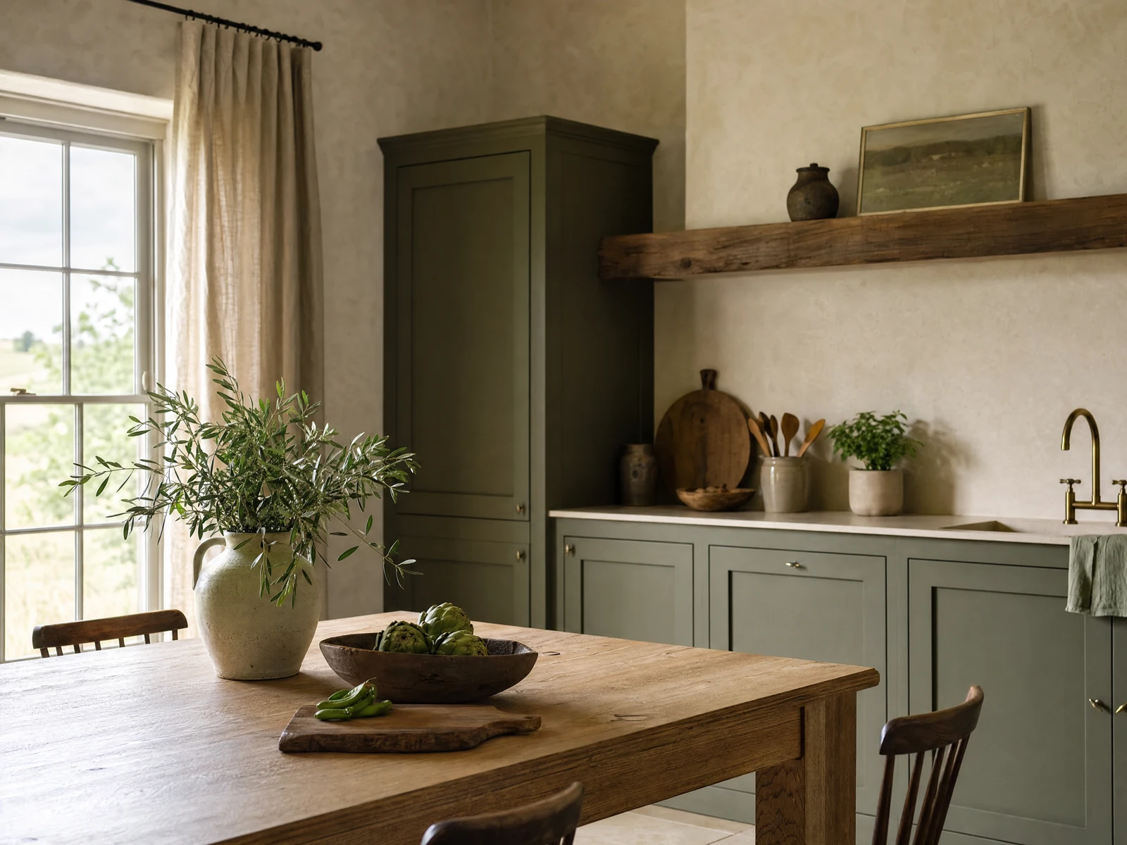 Illustrative concept: Quiet country interior with linen, light timber and muted olive details